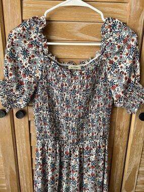 Max Studio Cream Floral Smocked Dress with Rust & Navy Accents